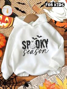 Kids Hooded Sweatshirt, Spooky Season Ghost Bat Letter Graphic Print Cotton Pullover For Kids - White - View 1