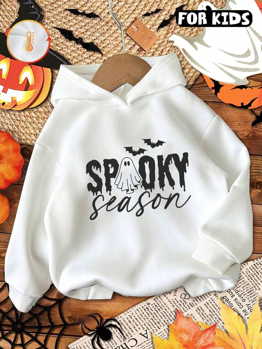Kids Hooded Sweatshirt, Spooky Season Ghost Bat Letter Graphic Print Cotton Pullover For Kids - White - View 1