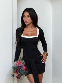 Autumn, Sexy Party Dress, Draped Design Wedding Guest Dress, Suitable For Vacation, Beach, Commute, Festival - Black - View 3