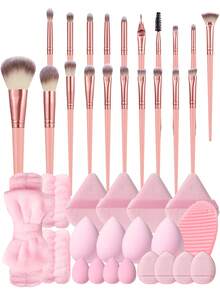20/40Pcs Complete Cosmetic Tool Kit, 20Pcs Soft Synthetic Makeup Brushes For Face & Eye Makeup, Assorted Soft Makeup Sponges & Triangle Powder Puffs,Headbands, Cleaning Pad, Versatile Makeupfor Foundation Eyeshadow For Daily Makeup Application - Pink - View 14