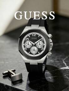 Modern Two‑Tone GUESS GW0583G1 Men Watch, Grid Chronograph Dial Week Display Black Silicone Band, Octagonal Case Sport‑Luxury Wrist Watch - GW0583G1 - View 1