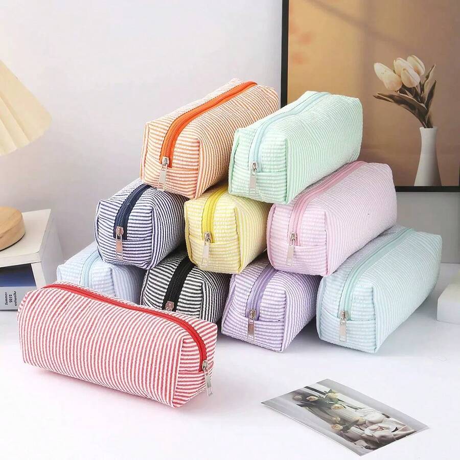 1pc - Striped Color Block Pattern Pencil Case, Smooth Zipper, Large Capacity Stationery Storage Bag, Portable Fashion Student Supplies, School Essential, Student Pencil Box, Christmas Gift, Holiday Gift - Multiple Styles - View 1