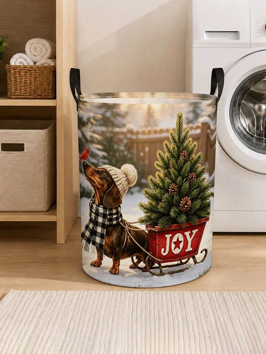 Laundry Basket/Dirty Clothes Basket,Storage Boxes In Bedrooms And Bathrooms, Joyful Dachshund Decor Pattern-Foldable Circular Clothes Basket - Multicolor - View 1