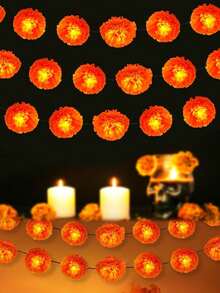 1pc Marigold Wreath With LED Lights, Battery Operated, Decorative, 10pcs LED Artificial Marigold String Lights, Battery Operated, Suitable For Day Of The Dead, Halloween, Diwali, Altar, Grave, Cemetery Decoration - Multicolor - View 5