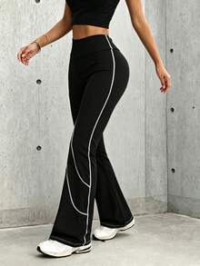 Hidkat Women's Fashion Solid Color High Waist Elastic Yoga Casual Sports Knit Long Pants - Black - View 5