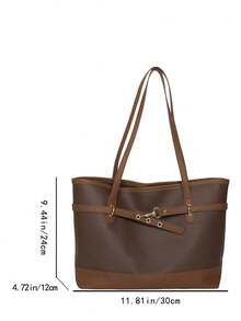 Women Color‑BlockTote Bag, Large Capacity Shoulder Handbag With Gold Metal Buckle For Work Daily Travel - Coffee Brown - View 2
