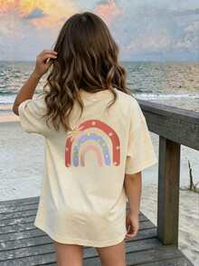Tween Girls' Casual Purple Graphic Print Round Neck Short Sleeve T-Shirt, Summer Top - Apricot - View 8