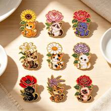 Cute Cat Flower Enamel Pins Set, Kitten Sunflower Rose Daisy Lavender Brooch, Cartoon Lapel Badges For Backpack Jacket Hat Decor, Lovely Jewelry Gift - Multicolor - View 5