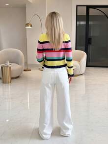 Autumn Y2K Women's Multi-Color Striped Front Button Cardigan, Preppy Casual Street Style Daily Outerwear, Minimalist Fashion Autumn Outfit - Multicolor - View 12