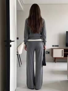 Basic Minimalist Fashion Women's Grey Wool Sweater Set, Including Button-Front Cardigan And Comfortable Wide-Leg Pants, Autumn Outfit Choice - Grey - View 5