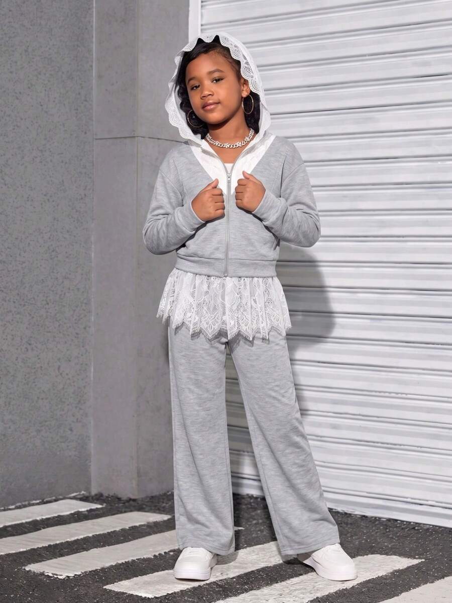 Vihyde Tween Girls Ballet Style Zipper Hooded Jacket & Lace Patchwork Hem Wide Leg Pants 2pcs Set, Autumn/Winter - Light Grey - View 1