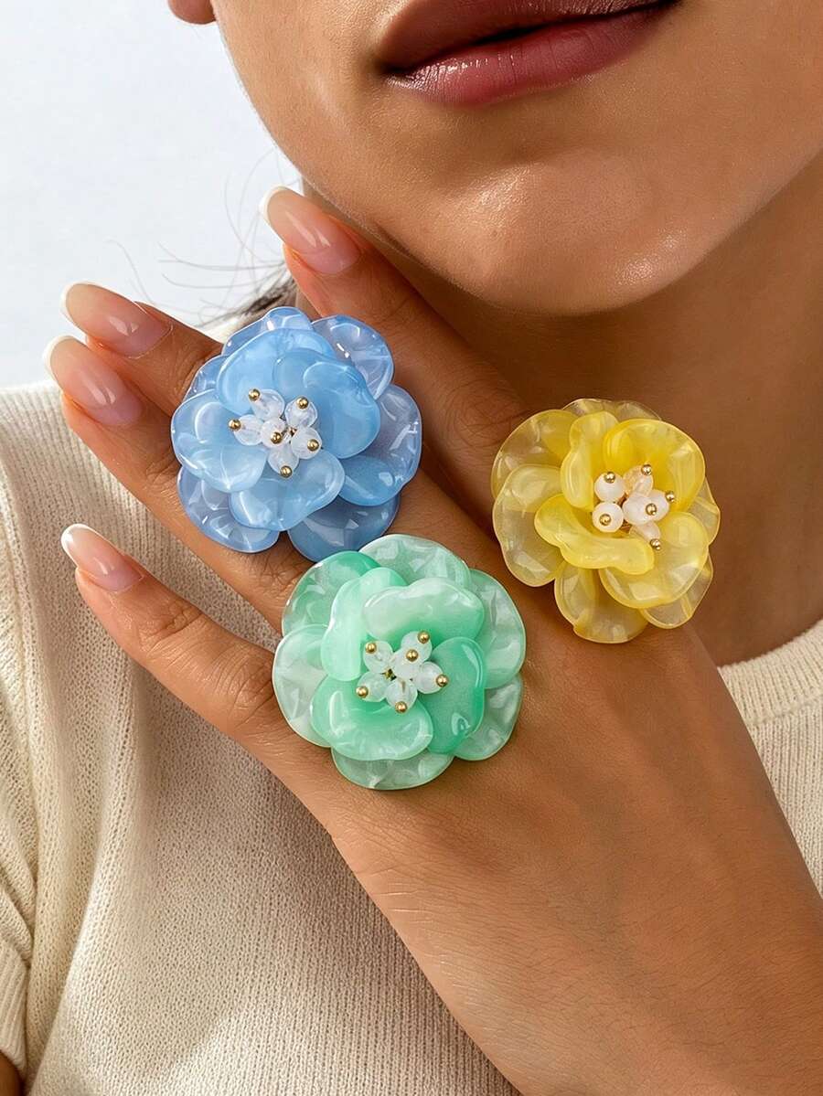 1pc Colorful Gradient Flower Resin Ring, Fresh Blue Yellow Green Large Flower Petal Unique Personalized Accessory - Flower Ring - View 1