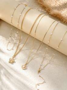 4pcs Summer Ocean Style Beaded Necklace Set, Faux Pearl Flower Shell Necklaces, Beach Vacation & Daily Wear - Gold - View 3