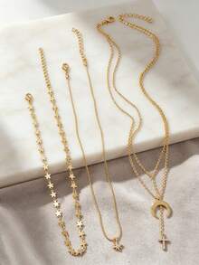 3pcs Star & Moon Shaped With Cross Pendant Necklace Set, Multi-Layer Stackable, Suitable For Women's Daily Wear, Dates, Parties And Gatherings - Yellow Gold - View 5