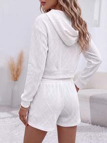 Women's Knit Loungewear Set, Hooded Long Sleeve Top + Shorts, Casual 2 Pieces Home Set - White - View 3