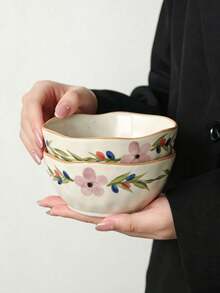 4pcs, 2pcs, 1pc Vintage Hand-Painted Asymmetrical Ceramic Bowls, Rustic Coarse Clay Ruffled Edge Bowls, 5-Inch Household Personal Rice Bowl, Fruit Bowl, Dessert Bowl, Pickle Bowl, Sauce Bowl, Suitable As Wedding Gift, Housewarming Gift - White - View 4