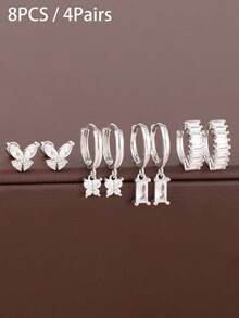 8PCS White Zirconia Butterfly Ear Hoop Set Women's Earrings Stainless Steel Piercing Stud Earring Jewelry - 1-silver-8pcs - View 4