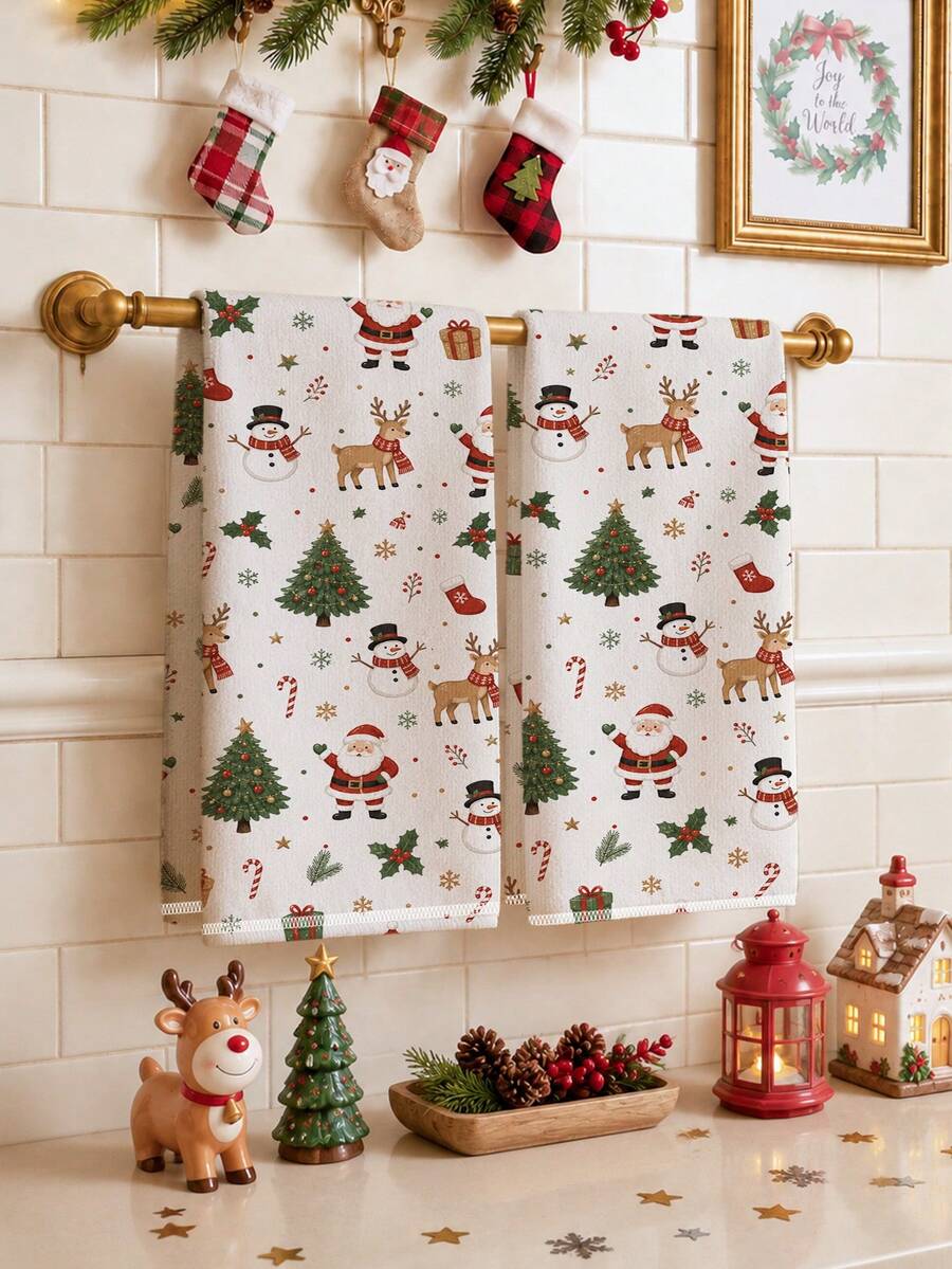 2pcs Christmas Cartoon Santa Claus Snowman Christmas Tree Reindeer Pattern Kitchen Towels, Soft Polyester Dish Cloths, Suitable For Kitchen Decor, Kitchen Cleaning, Holiday Party Decoration, Kitchen Bathroom Supplies Home Essentials, Home Decor, Housewarming Gift - Multicolor - View 1