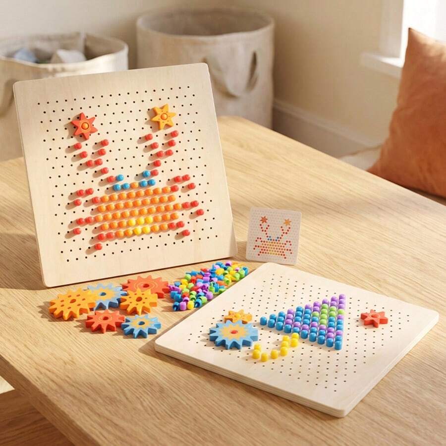 1 Set Early Education Wooden Interlocking Gear Puzzle Set, Colorful Pegs DIY Free Creation, Children's Desktop Fun Assembly Combination Toy