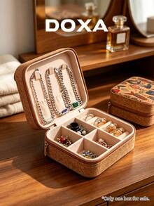 DOXA Vintage Print Portable Jewelry Box, Travel Zipper Jewellery Storage Case, Compact Display Organizer For Rings Necklaces Earrings - Brown 2 - View 2