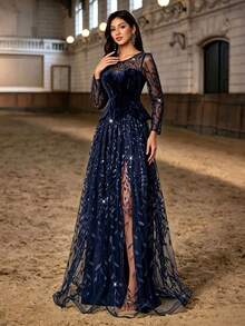 Autumn/Winter Elegant Navy Blue Sequin Leaf Embroidery Patchwork Velvet Sheer Long Sleeve Faux Two Pieces High Slit Formal Maxi Dress, Suitable For Party And Wedding - Royal Blue - View 2