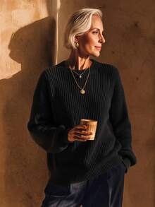 NZZOF French Style Round Neck Solid Color Ribbed Knit Drop Shoulder Pullover Sweater, Autumn/Winter - Black - View 4