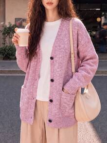 Women's Autumn/Winter Casual Minimalist Slouchy Loose Knit Cardigan Jacket - Purple Pink - View 1