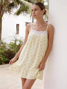 Women's Yellow Floral Print Lace Patchwork Cute Casual Loose Backless Ruffle Hem Short Camisole Dress Nightgown - Yellow - View 5