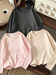3pcs/Set Girls Basic Round Neck Long Sleeve T-Shirt, Soft Casual Solid Color T-Shirt, Children Spring Autumn Daily Wear - Multicolor - View 1
