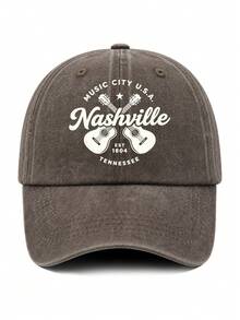 1pc Vintage Nashville EST 1804 Dad Hat, Crossed Guitar Print Washed Distressed Baseball Cap, Casual Sun Hat For Country Music Fans Travel - A - View 3