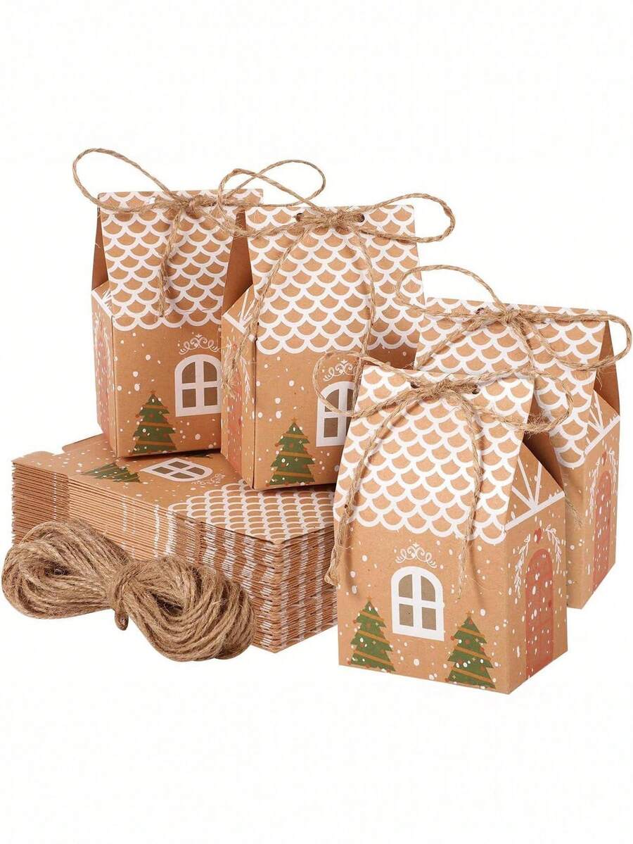 10/20pcs Christmas House Shaped Gift Boxes With Rope, Gingerbread House Paper Party Favor Boxes, Holiday Home Decor Gift Containers, Winter New Year Gifts, Christmas Tree Decorations - Christmas Kraft Paper Gift Box - View 1