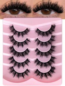 Hinarin 5 Pairs Fluffy False Eyelashes 6D Wispy Soft Faux Mink Lashes Handmade D Curl Strip Lashes Reusable Messy Fake Eyelashes Dramatic Look Long Fake Lashes For Parties And Daily Makeup - Black - View 2