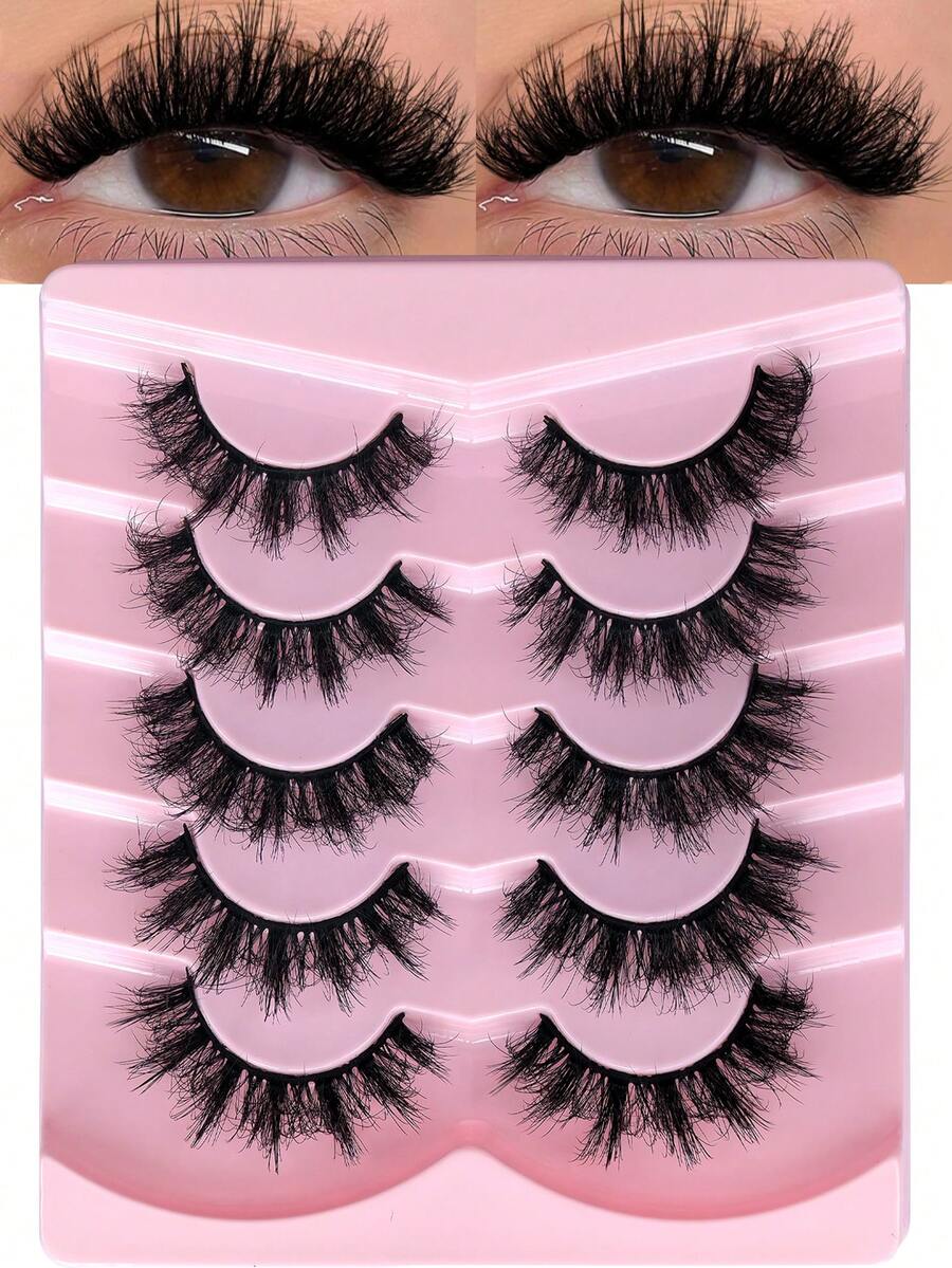 Hinarin 5 Pairs Fluffy False Eyelashes 6D Wispy Soft Faux Mink Lashes Handmade D Curl Strip Lashes Reusable Messy Fake Eyelashes Dramatic Look Long Fake Lashes For Parties And Daily Makeup