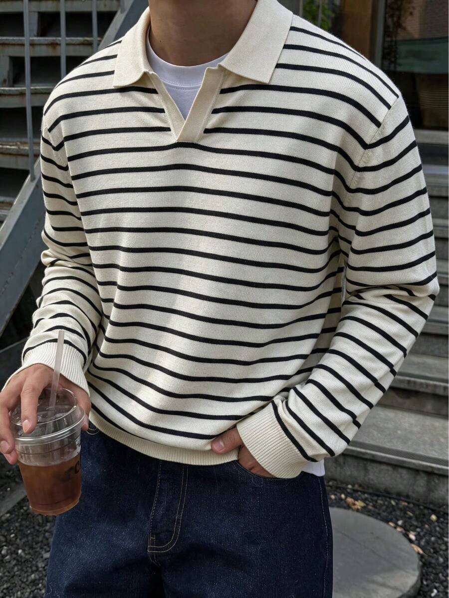 Men's Horizontal Striped Knit Polo Sweater, Vintage Autumn/Winter Contrast Color Airplane Collar V-Neck Long Sleeve Layering Top