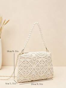French Hollow Crochet Lace Small Square Bag, Detachable Pearl Handle + Metal Long Chain Strap, Evening Party Date Crossbody Bag - Small Square Bag - View 7