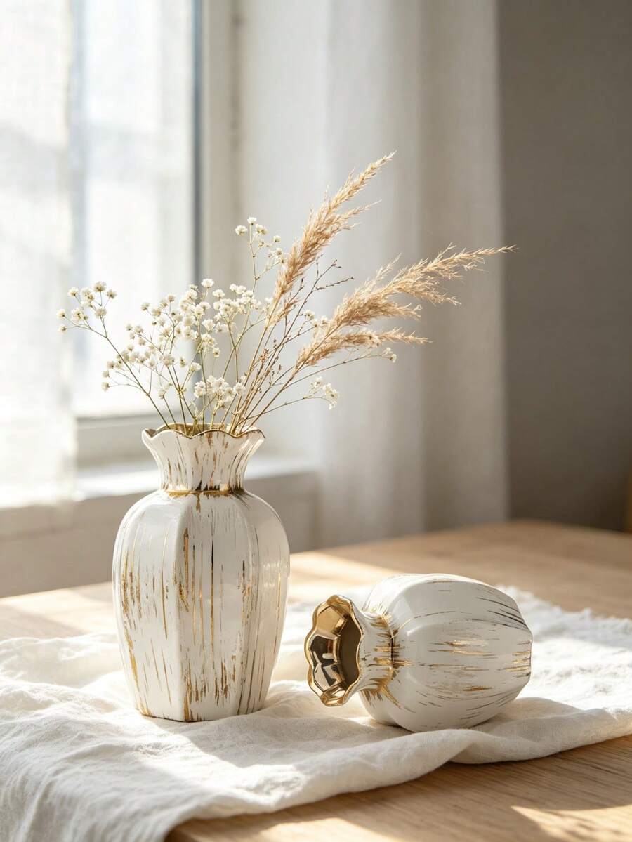 1pc Ceramic Vase White Gold Decorative Dried Flower Vase Home Decor