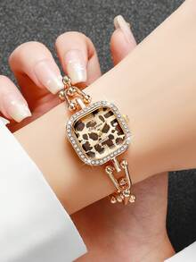 Women's Luxury Rhinestone Leopard Print Wristwatch, Square Leopard Print Dial U-Shaped Beaded Bracelet Style Personalized Quartz Watch, Gift For Girlfriend (1pc/Set) Watch Box Not Included - Gold - View 2
