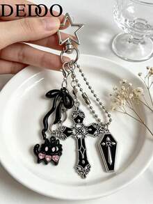 Dedoo Dark Cross Cat Pattern Bag Charm Keychain, Alloy Star Buckle Bow Detachable Pendant, Gothic Y2K Style, Suitable For Girls Students Christmas Gift Daily Wear - Multicolor - View 5