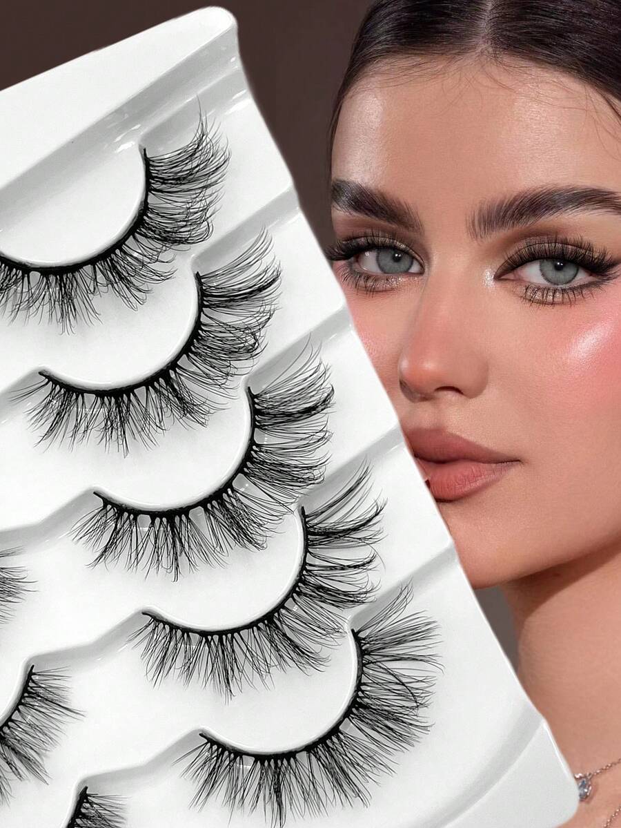 ENCHUW 5 Pairs False Lashes Soft Lashes Thick Eye Lashes False Eyelashes Natural Look Cat Eye Lashes Wispy Fake Eyelashes Fluffy Natural Eye Lashes - Black - View 1