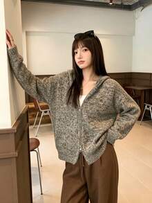 Women's Multicolor Hooded Zip-Up Knit Cardigan, Loose Fit, Soft Thick Casual Sweater Jacket, Autumn/Winter - Brown - View 5