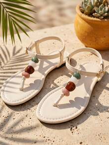 French Summer Style Beaded Design Flat Sandals For Women, Gentle Style Buckle Beach Shoes, Casual Vacation Style Open Toe Sandals - Beige - View 2