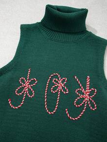 Acelitt Autumn/Winter Holiday Christmas Candy Cane Embroidered High Neck Cropped Sleeveless Ribbed Knit Vest, Suitable For Holiday Parties And Daily Wear - Green - View 6