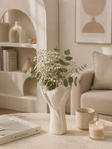 1pc Black & White Textured Ribbed Wavy Edge Vase, Minimalist Modern Decorative Vase, Suitable For Fresh Flowers/Dried Flowers, Aesthetic Home Decor, Fit For Vanity, Shelf, Living Room, Housewarming Gift - Multicolor - View 4