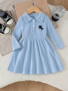 1pc Baby Girl Vintage Preppy Horse Soldier Embroidered Polo Collar Long Sleeve Knit Dress Spring Autumn - Baby Blue - View 2