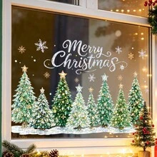 1/3件裝可重複使用「Merry Christmas」雪花聖誕樹窗貼，雙面PVC靜電吸附玻璃貼紙，適合居家、咖啡廳與商店窗戶節慶裝飾 - 彩色 - 查看 8
