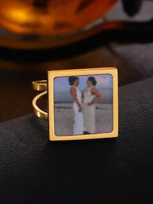 1PC Customized Photo Golden Elegant Ring, Personalized Couple Photo Ring, Wedding Ring, Family Photo Square Ring, Pet Photo Memorial Ring, Commemorative Jewelry Gift, Memory Gift, Valentine's Day Gift, Mother's Day Gift, Christmas, Halloween Gift - Multicolor - View 10