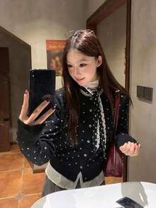 女款針織開襟毛衣，隨機圓點印花配前扣，休閒秋冬上衣 - 黑色 - 查看 1