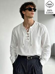 WAIT HIM Men's 100% Cotton Casual Long Sleeve Shirt Half-Open Placket Braided Rope Spring/Autumn Slim Fit - White - View 1