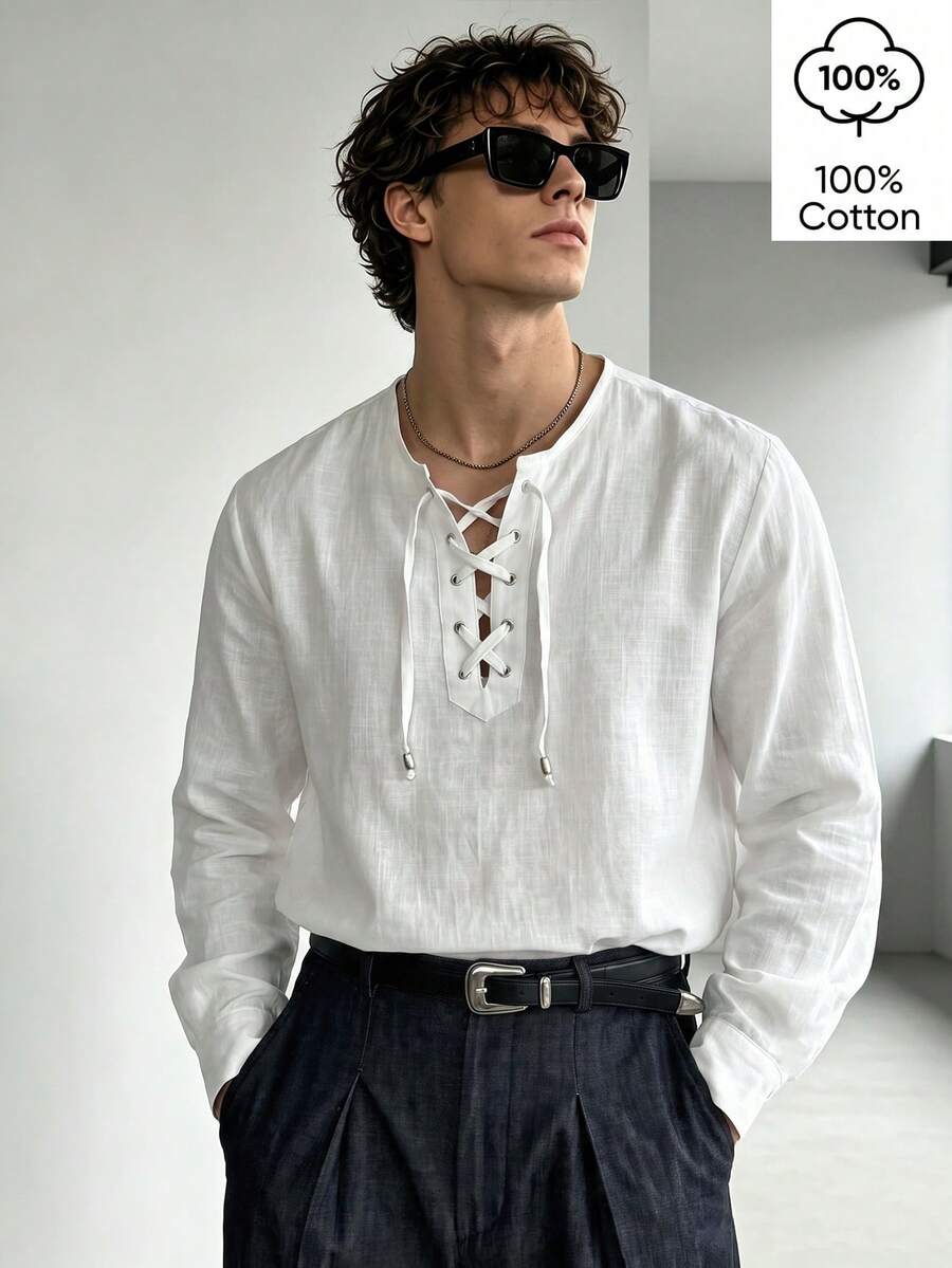 WAIT HIM Men's 100% Cotton Casual Long Sleeve Shirt Half-Open Placket Braided Rope Spring/Autumn Slim Fit - White - View 1