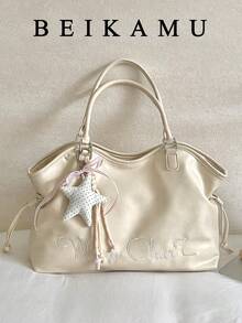 Cream White Embroidered Letter Tote Bag For Women, Drawstring Design, Sweet And Gentle Style, Adjustable Shoulder Strap, Large Capacity Shoulder Bag (No Pendant) - Beige - View 4